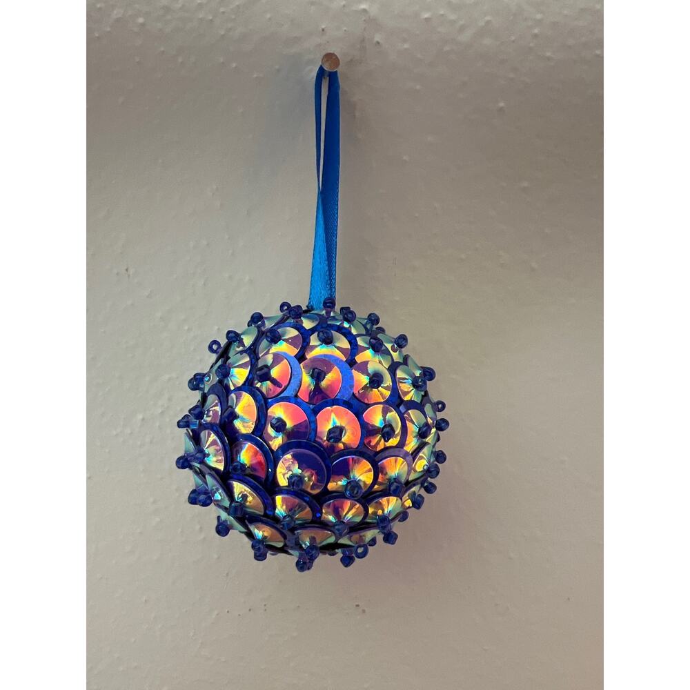 Vintage Push Pin Beaded Blue Jeweled Sequin Christmas Ornament Handmade